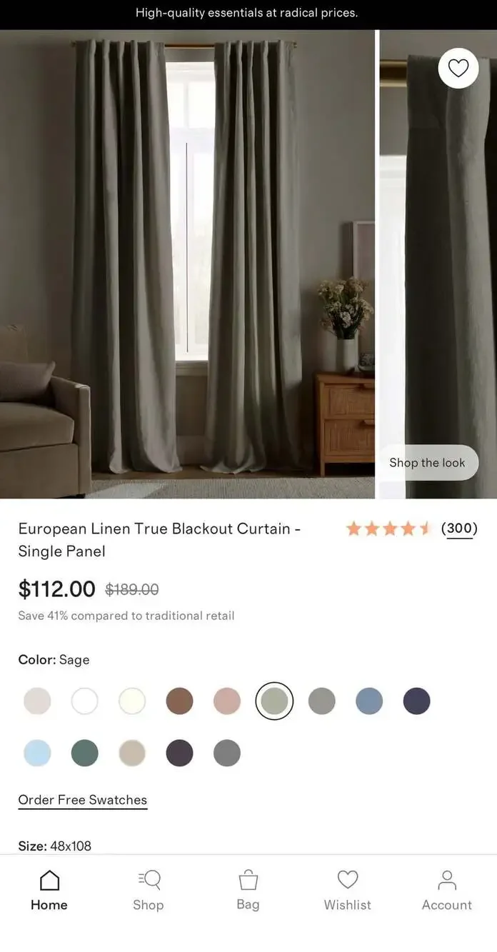 Quince European Linen True Blackout Curtain 48 in x 108 in Sage green heather